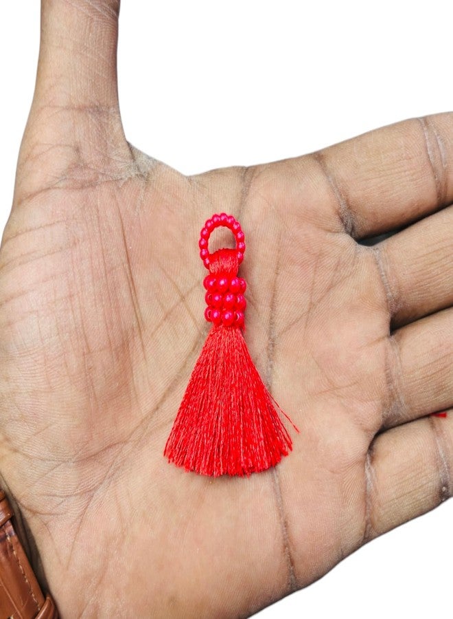 PATWA TRADERS (عبوة من 24 قطعة) شرابات زخرفية مزينة بالخرز اللؤلؤي، 3.81 سم، خيط قطني مع خرز بلاستيكي، تصميم مصنوع يدويًا لتزيين المنزل، وصنع المجوهرات، وديكور حفلات الزفاف (أحمر) - Image 2